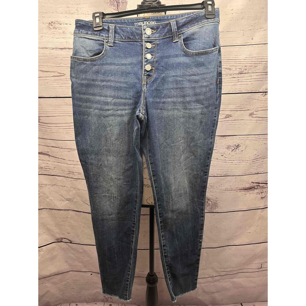 Maurices Large Blue High Waisted‎ Skinny Jeans Button Fly Distressed Hem